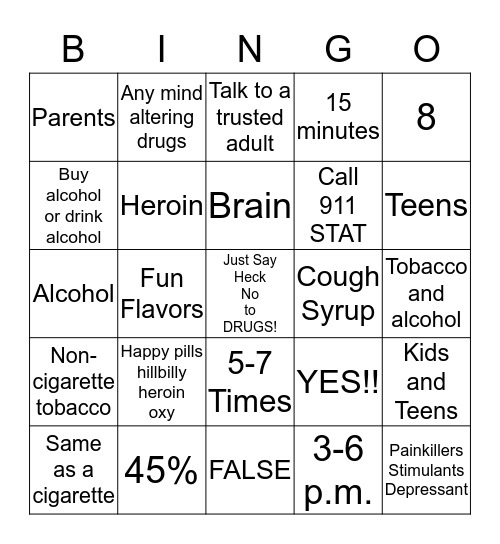 National Drugs and Alcohol Facts Week Bingo Card