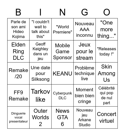 Summer Game Fest 2023 Bingo Card