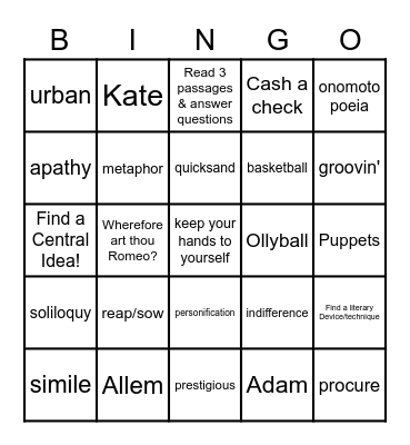 English 9 Final Bingo Card