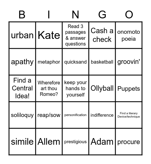 English 9 Final Bingo Card