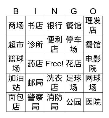 Places in the town Bingo Card