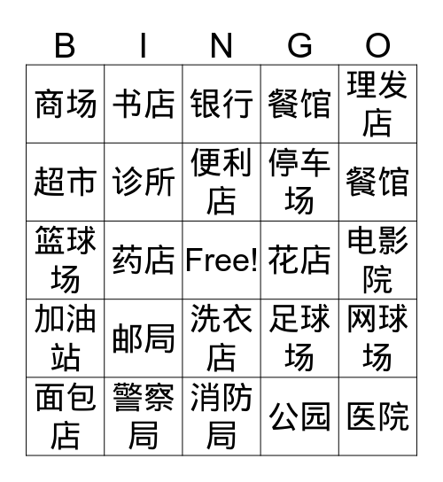 Places in the town Bingo Card