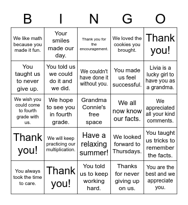 Thank You Grandma Connie! Bingo Card