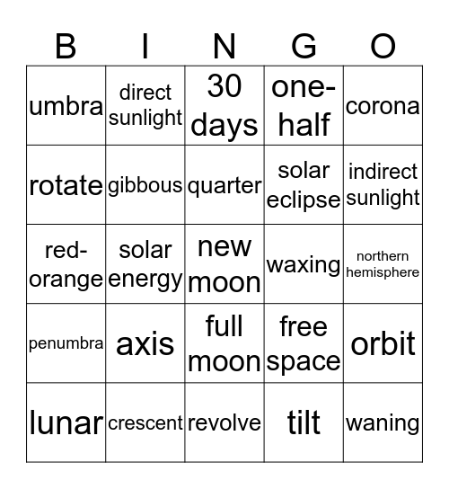 Earth and the Solar System Review Bingo Card