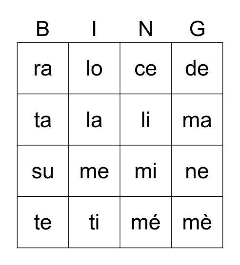 Bingo des Syllabes! Bingo Card