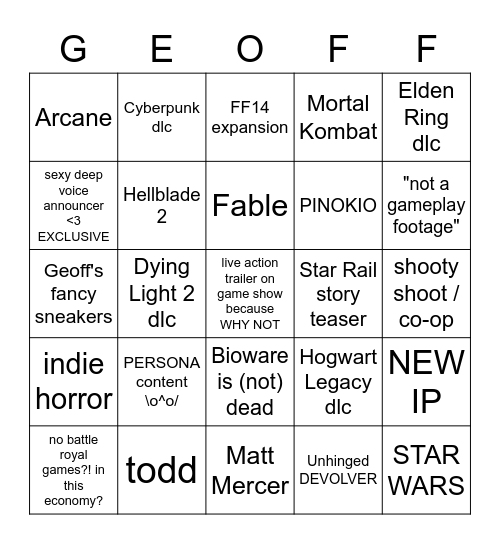 GEOFF Bingo Card