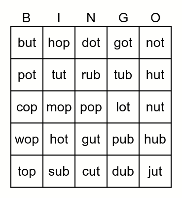 -op, ot, ub, ut Bingo Card