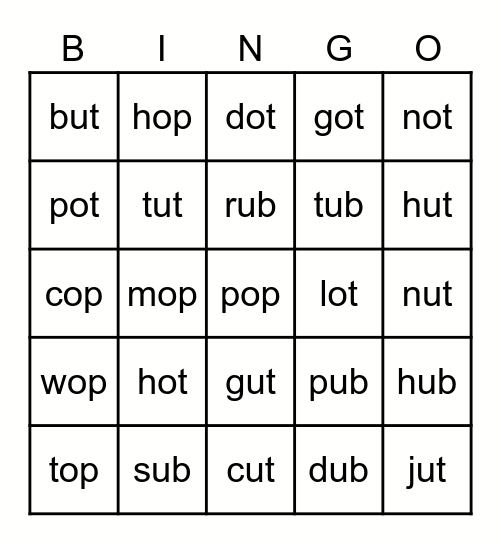 -op, ot, ub, ut Bingo Card