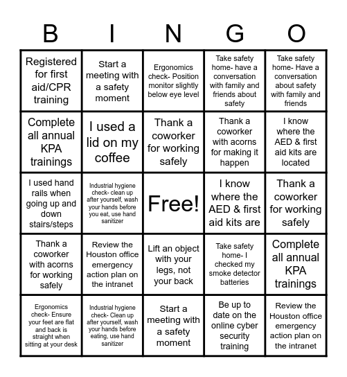 Safety bingo Card