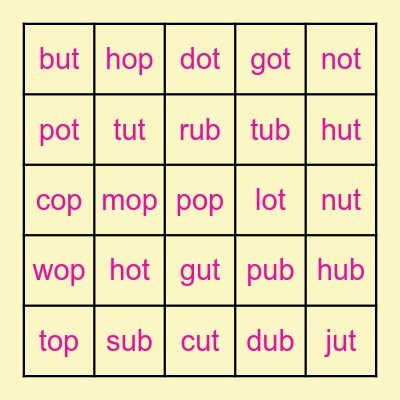 -op, -ot, -ub, -ut Bingo Card