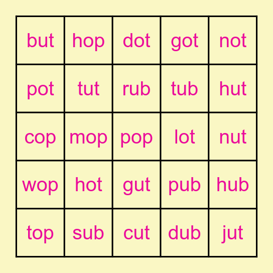 -op, -ot, -ub, -ut Bingo Card
