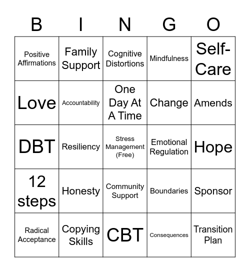 RECOVERY Bingo Card