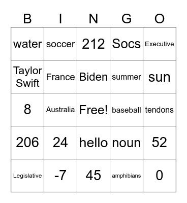 8th grade BINGO Card