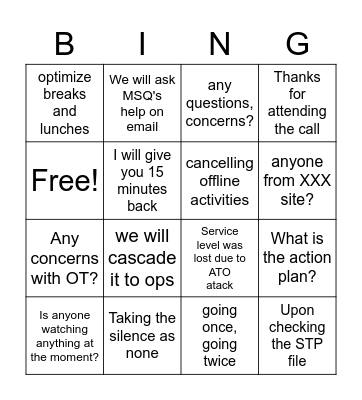RTA Bingo Card