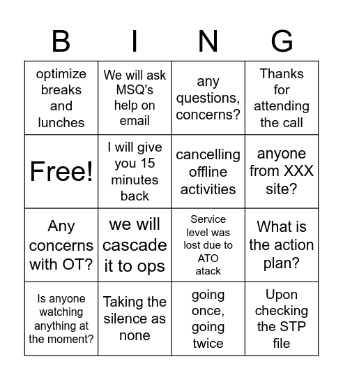 RTA Bingo Card