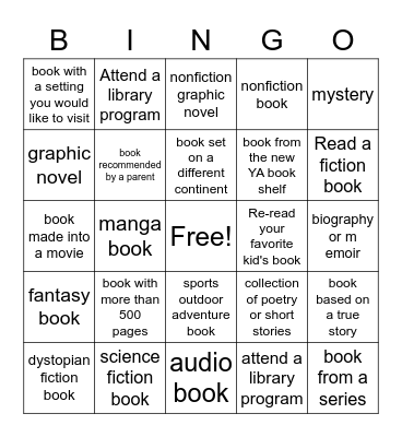 Teen Summer Reading Bingo Card