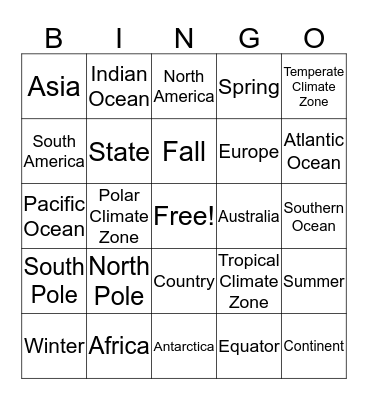 World Geogrpahy Bingo Card