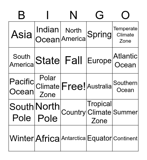 World Geogrpahy Bingo Card