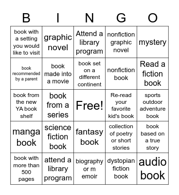 Teen Summer Reading Bingo Card