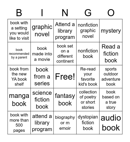 Teen Summer Reading Bingo Card