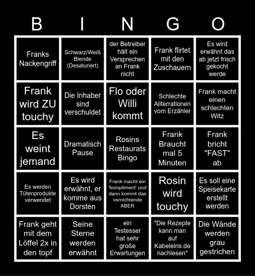 Rosins Restaurant Bingo Card