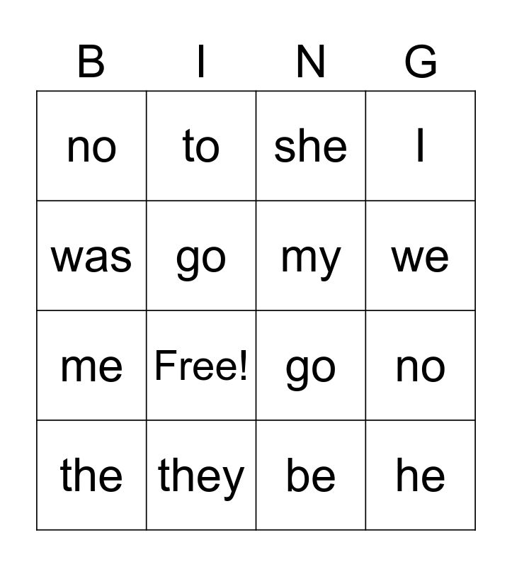 Tricky Words Bingo Card