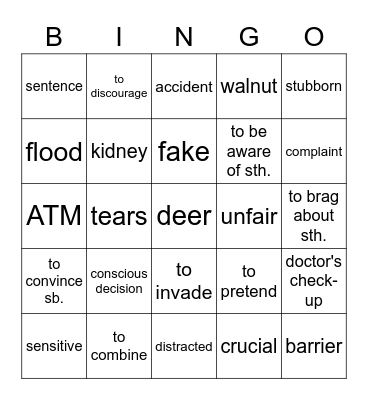 Vocabulary Revision Bingo Card