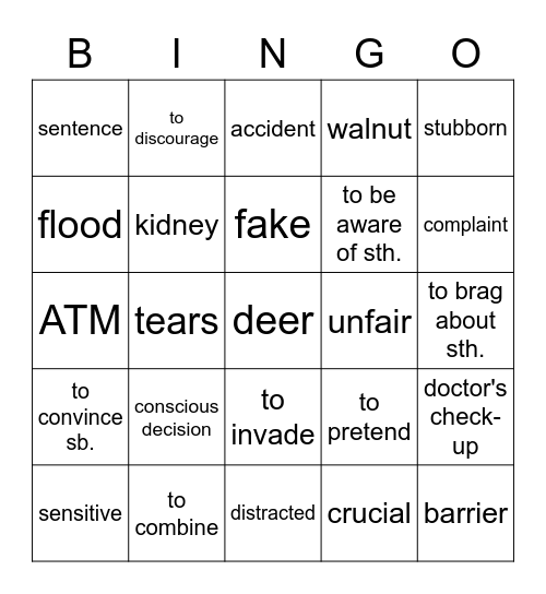 Vocabulary Revision Bingo Card