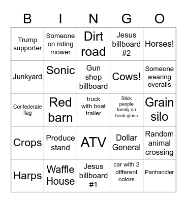 Southern Roadtrip Bingo Card