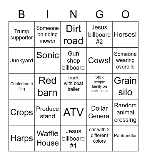 Southern Roadtrip Bingo Card