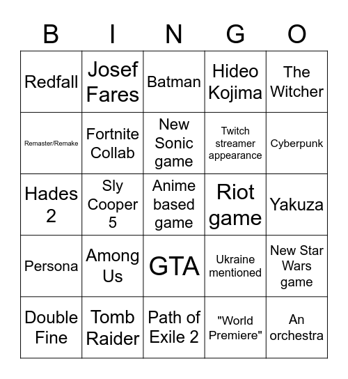 Summer Game Fest 2023 Bingo Card