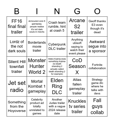 Summer Games Fest Bingo Card