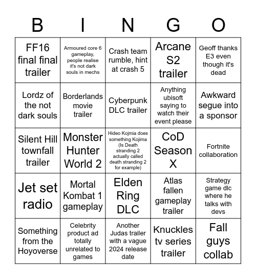 Summer Games Fest Bingo Card