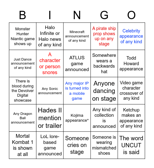 Sigil's Game Fest Bingo Card