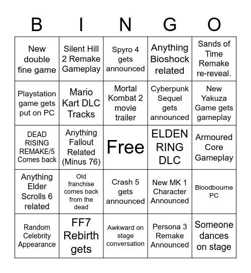 Summer Games Fest 2023 Bingo Card