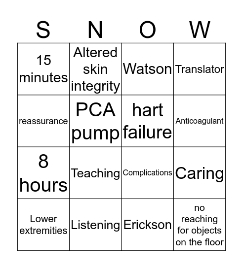 SNOW Bingo Card