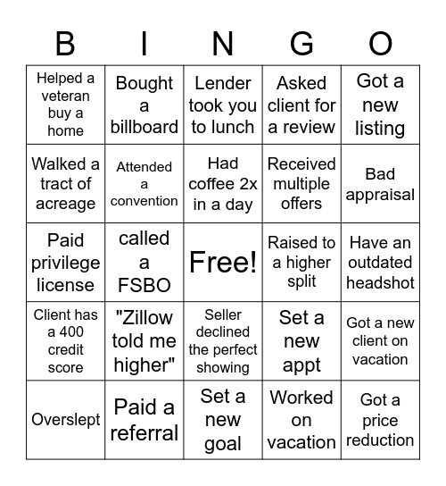 Stereotypical Real Estate Bingo Card