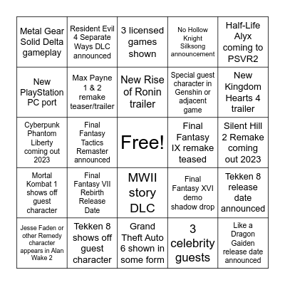 Summer Games Fest 2023 Predictions Bingo Card