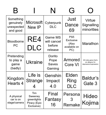 Summer Gaymes Fest 2023 Bingo Card