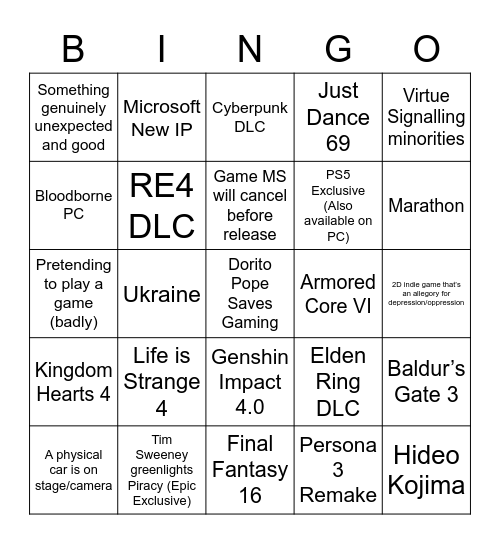 Summer Gaymes Fest 2023 Bingo Card