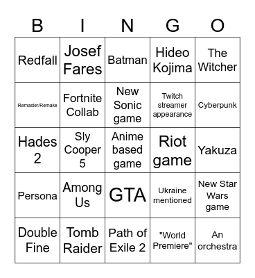 Summer Game Fest 2023 Bingo Card