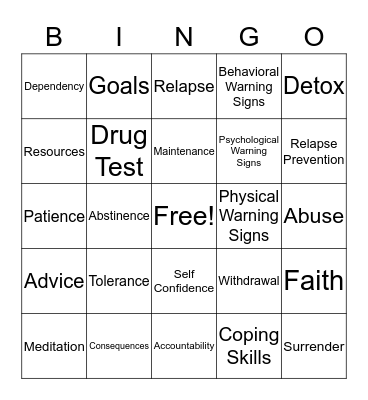 Substance Abuse Bingo Card