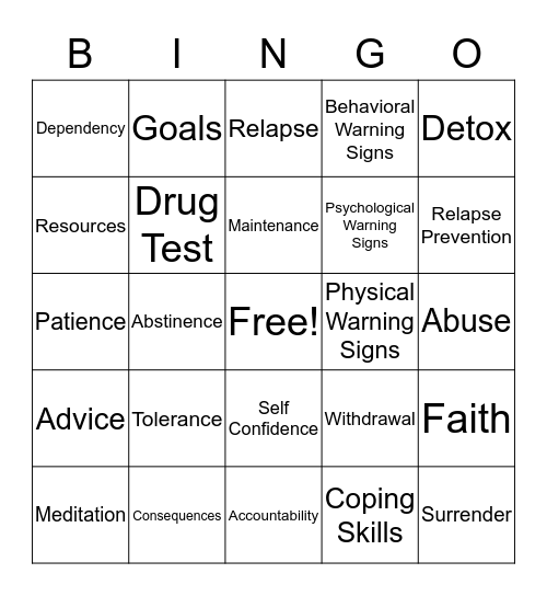 Substance Abuse Bingo Card