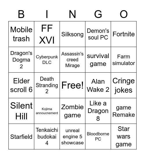 Summer game fest 2023 Bingo Card