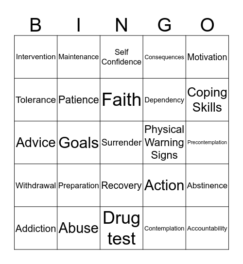 Substance Abuse Bingo Card