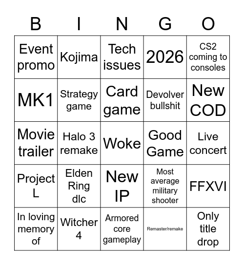 Summer game fest Bingo Card