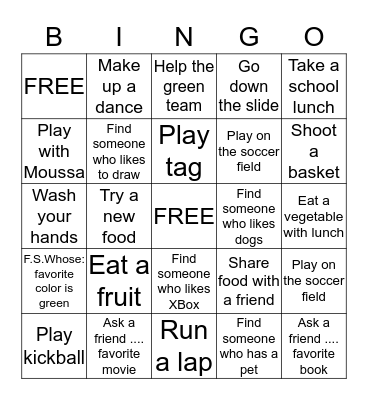 Recess BINGO Card