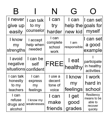 Resiliency Skills Bingo Card