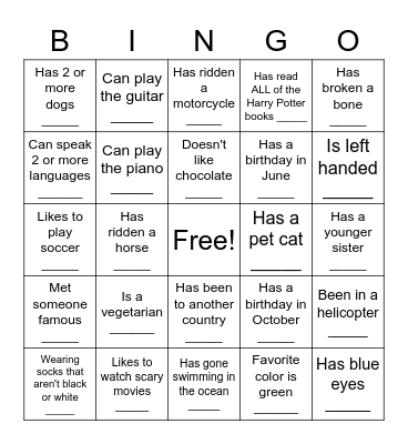 Human Scavenger Hunt Bingo Card