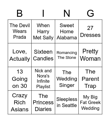 Comedy and Rom-Com Bingo Card